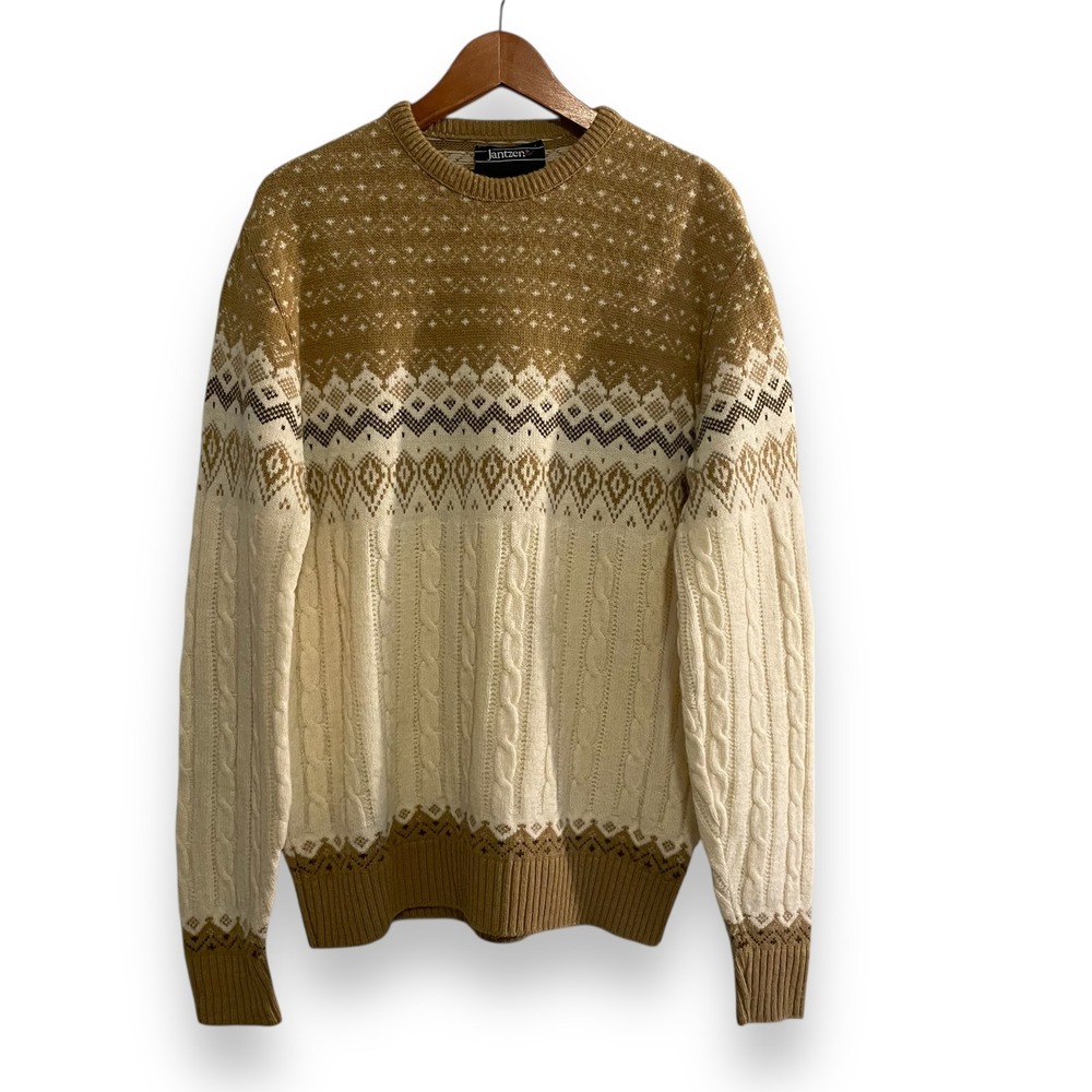 VTG Jantzen Cable Knit Fair Isle Crewneck Sweater Men's Large Tall Beige Grandpa